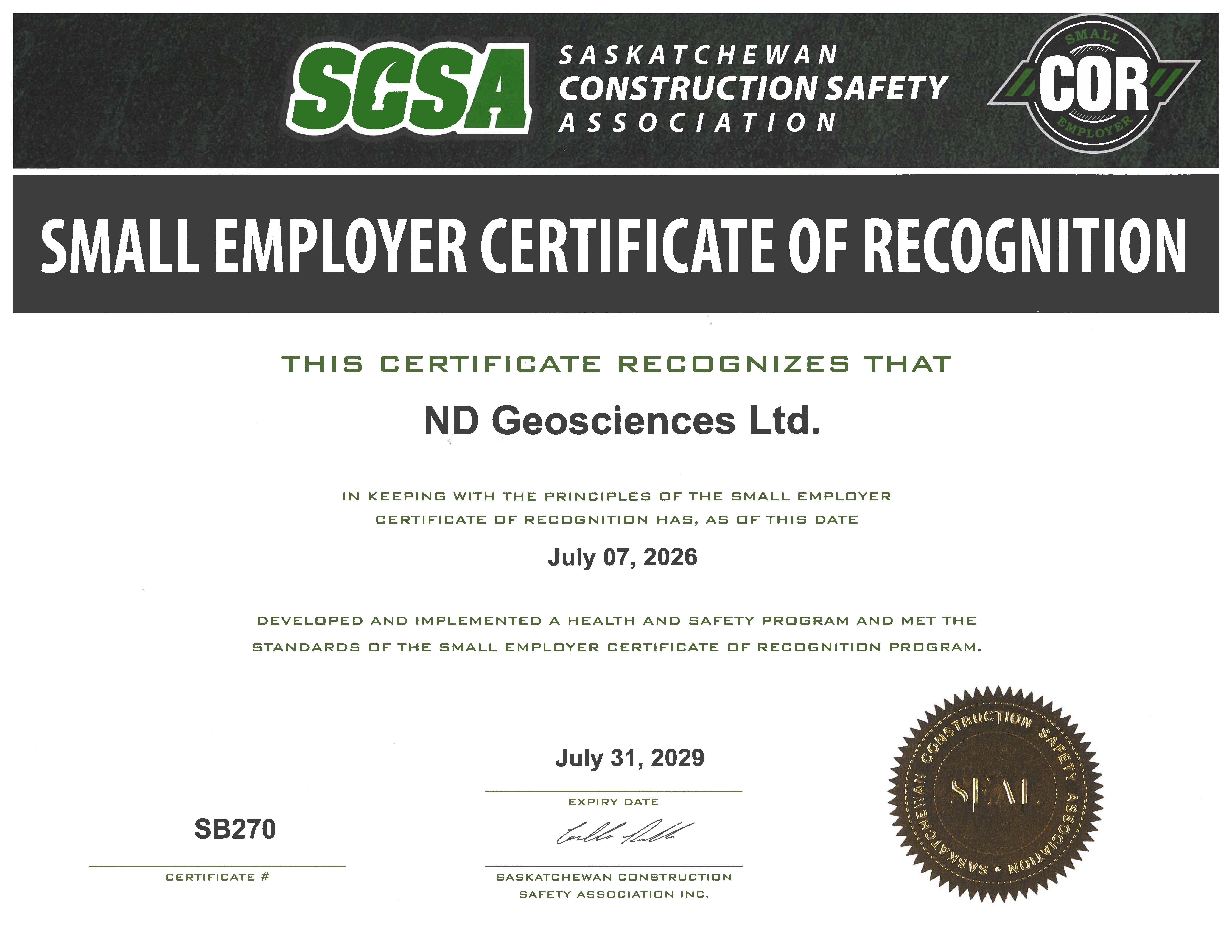 ND Geosciences Ltd. SECOR® Small Employer Certificate of Recognition from the Saskatchewan Construction Safety Association
